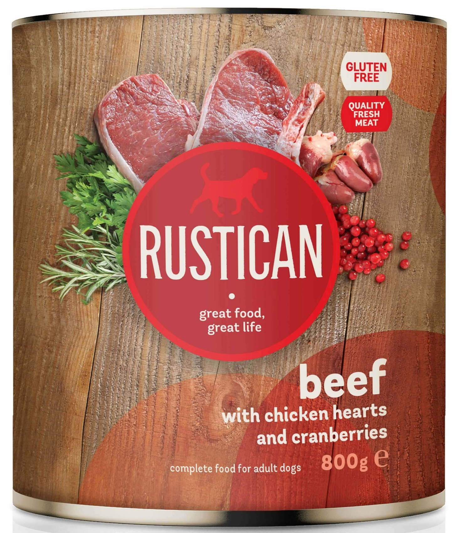 Rustican Beef with Chicken Hearts and Cranberry - консерва за кучета с говеждо, пилешки сърчица и червени боровинки