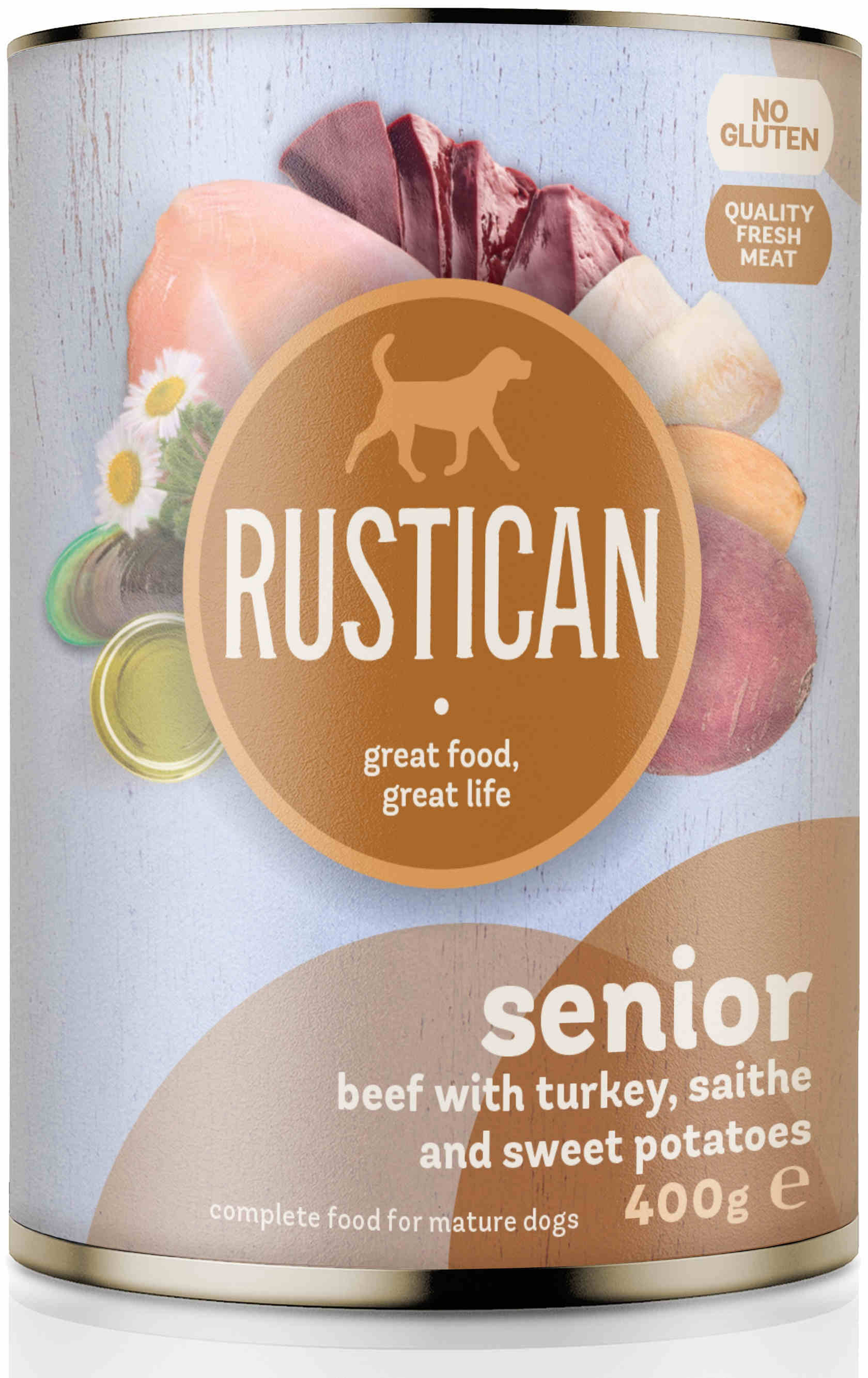Rustican  Senior Beef and Turkey with Sweet Potatoes - консерва за застаряващи кучета с говеждо, пуешко, треска и сладък картоф