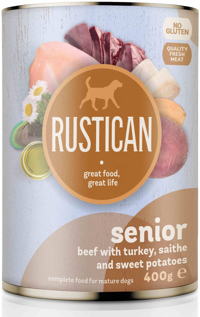 Rustican  Senior Beef and Turkey with Sweet Potatoes - консерва за застаряващи кучета с говеждо, пуешко, треска и сладък картоф