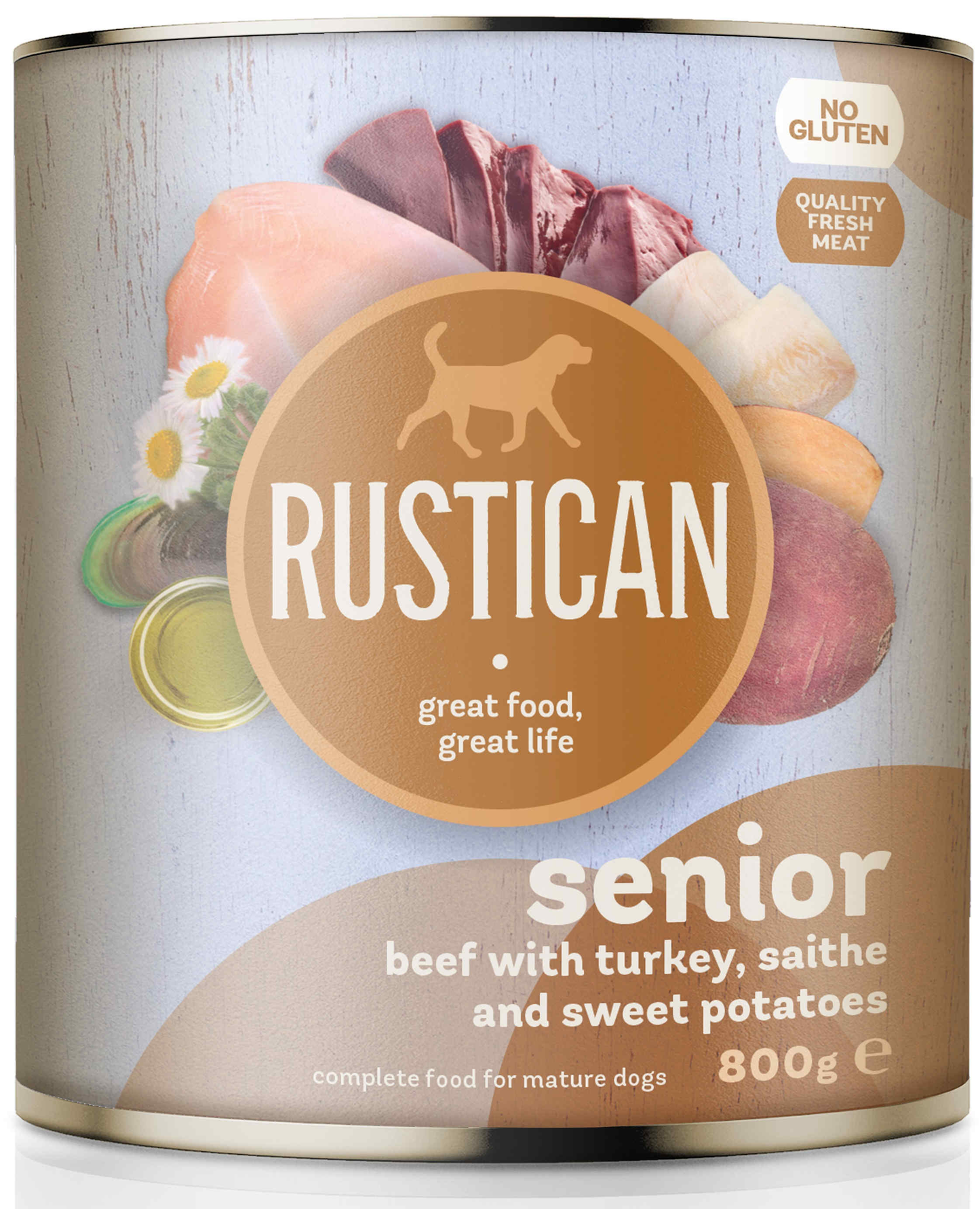 Rustican  Senior Beef and Turkey with Sweet Potatoes - консерва за застаряващи кучета с говеждо, пуешко, треска и сладък картоф