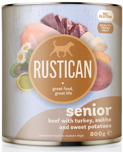 Rustican  Senior Beef and Turkey with Sweet Potatoes - консерва за застаряващи кучета с говеждо, пуешко, треска и сладък картоф
