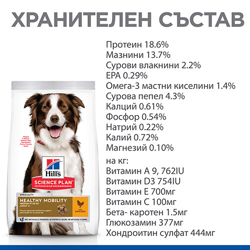 Hills Science Plan Healthy Mobility Medium Adult - пълноценна храна с пилешко за кучета от средни породи за поддържане на здрави стави 11+3 кг