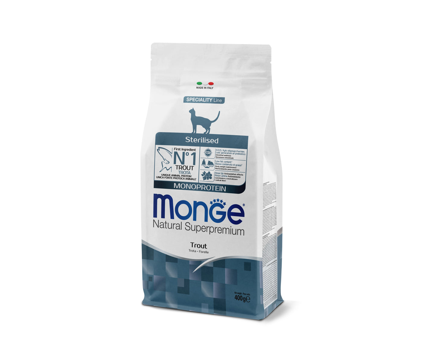 Monge Natural Superpremium Monoprotein Sterilised Cat Trout - пълноценна суха храна за кастрирани котки с пъстърва 400 гр