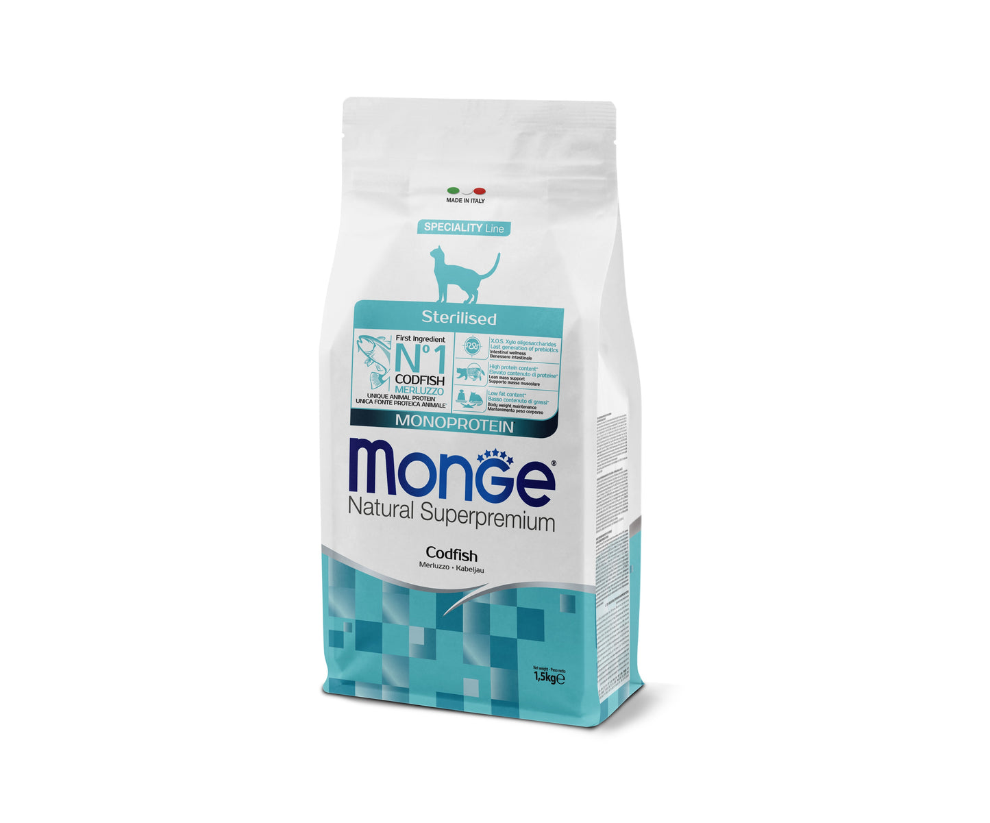 Monge Natural Superpremium Monoprotein Sterilised Cat Codfish - пълноценна суха храна за кастрирани котки с риба треска 1,5 кг