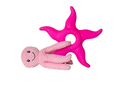 Kiwi Walker Lets Play Octopus and Starfish Pink - плюшен октопод и морска звезда от термопластичен каучук 25 см, розов