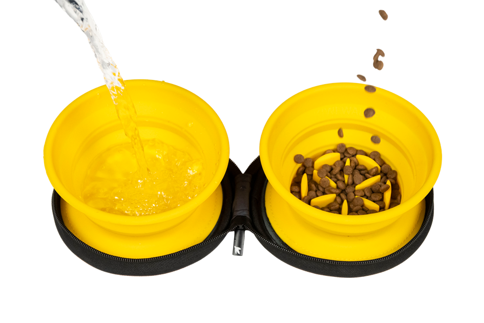 Kiwi Walker Double Travel Bowl with Slow Feeder - сгъваеми купички за храна и вода