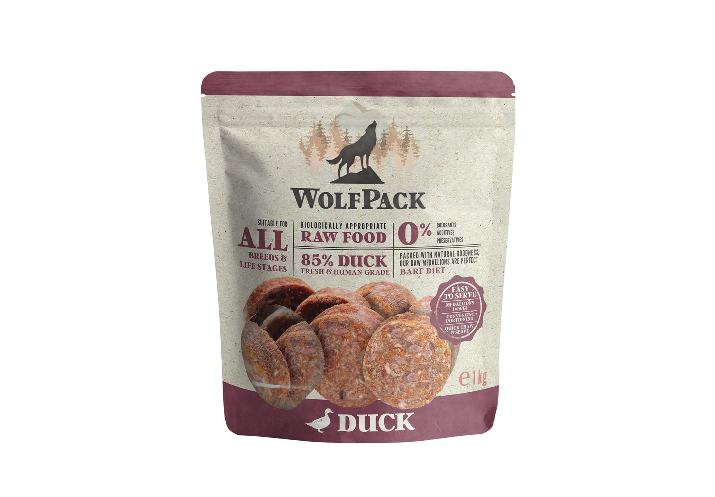 WolfPack BARF Medallions Duck - сурова храна с патешко месо 1 кг