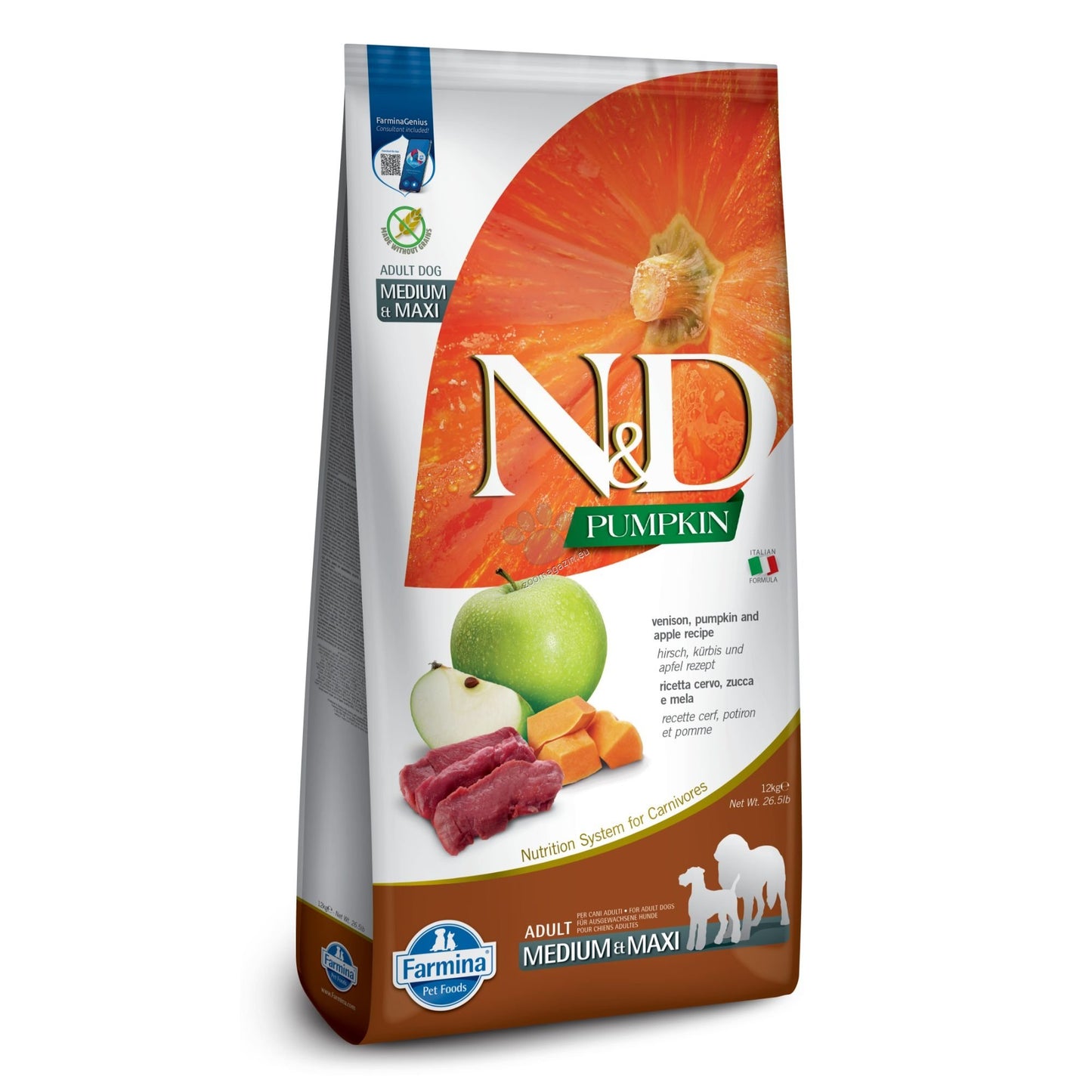 N&D Pumpkin Venison and Apple Adult – суха храна за кучета от средни и едри породи с еленско, тиква и ябълка