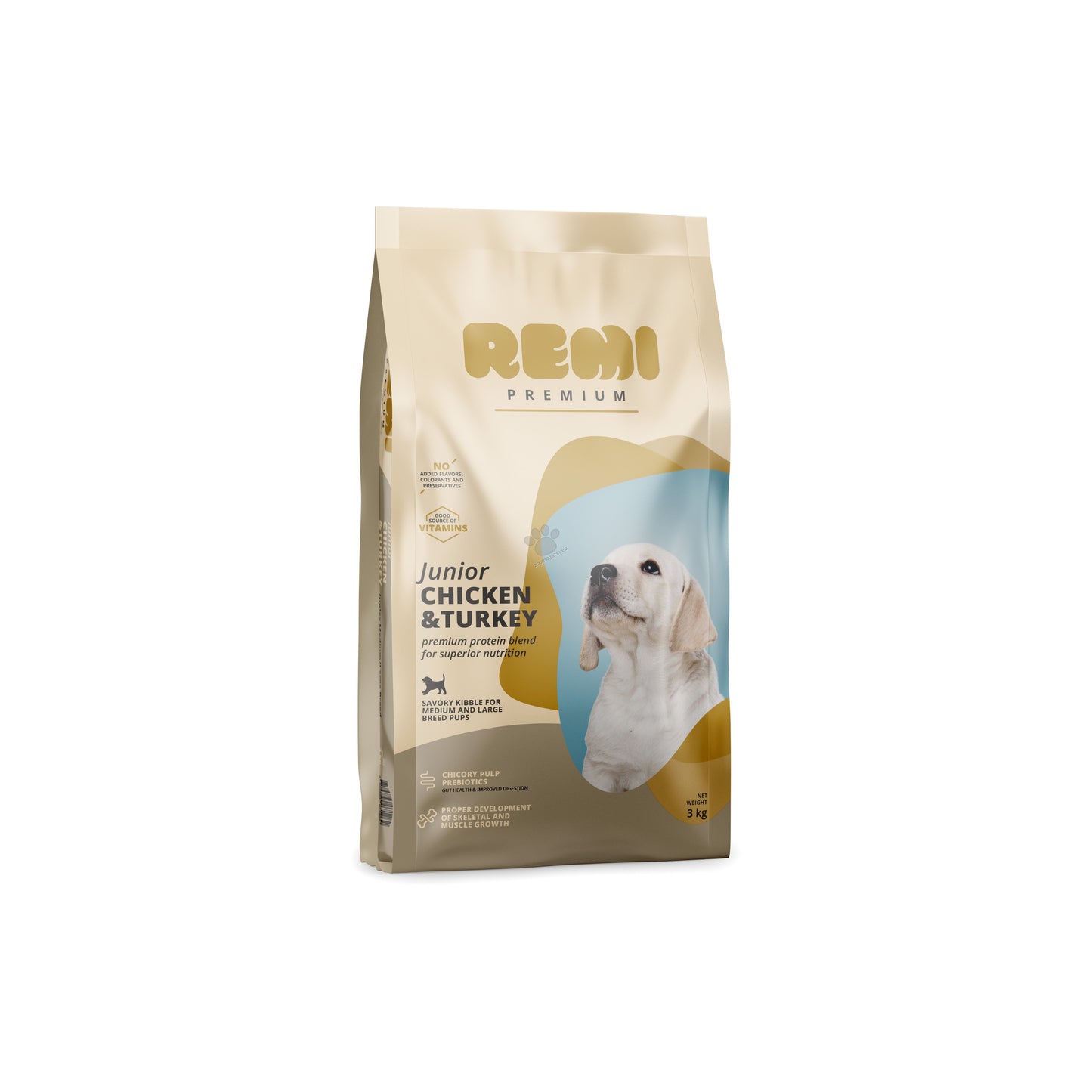 Remi Premium Junior Medium and Large Breed Chicken and Turkey - суха храна за кученца от средни породи с пилешко и пуешко месо 3 кг
