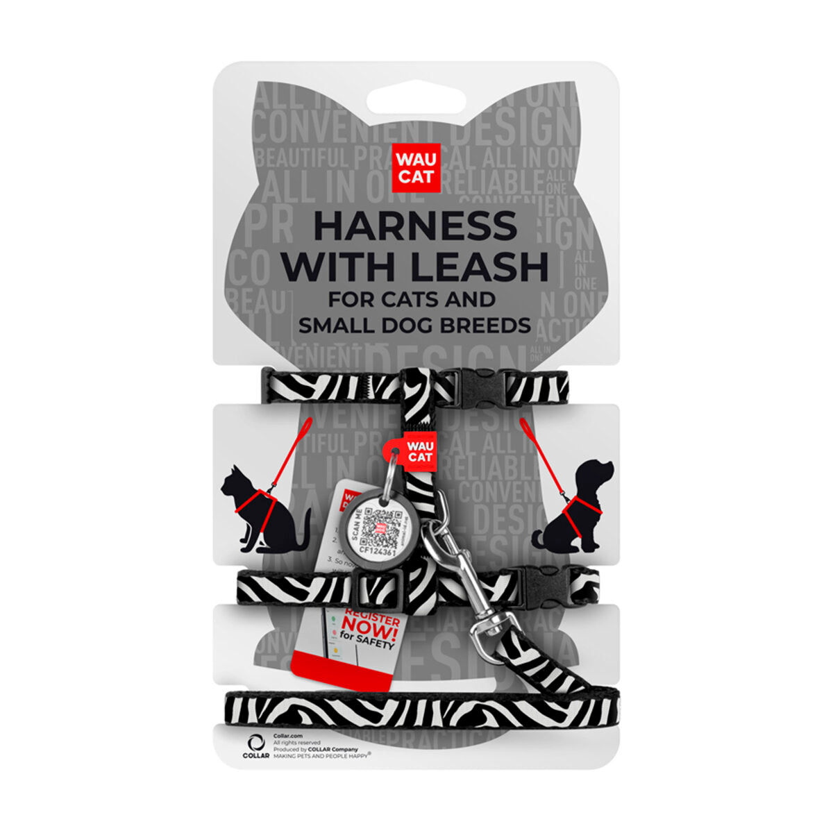 Waudog Harness with Lead Zebra XS - нагръдник с повод за котка с QR код за сигурност 25 / 40 см / 10 мм