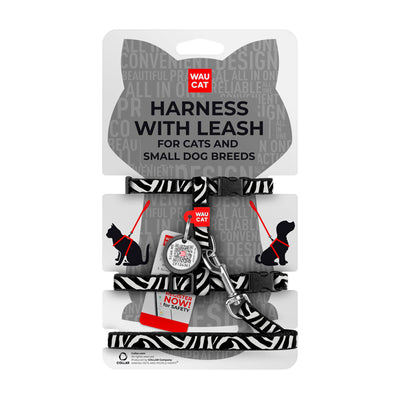 Waudog Harness with Lead Zebra XS - нагръдник с повод за котка с QR код за сигурност 25 / 40 см / 10 мм