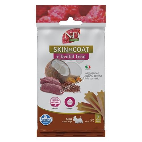 N&D Dog Dental Treat Skin and Coat Adult Mini - дентални лакомства за здрава кожа и козина за кучета от дребни породи с киноа, еленско, кокос и куркума 60 гр