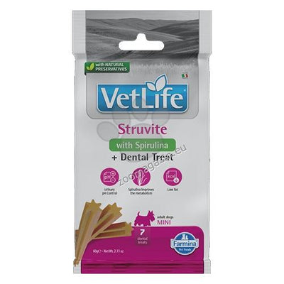 Vet Life Dog Dental Treat Struvite Mini - лакомства за кучета от дребни породи, с ниско съдържание на мазнини и с контрол на pH на урината срещу образуването на струвитни уролити 60 гр