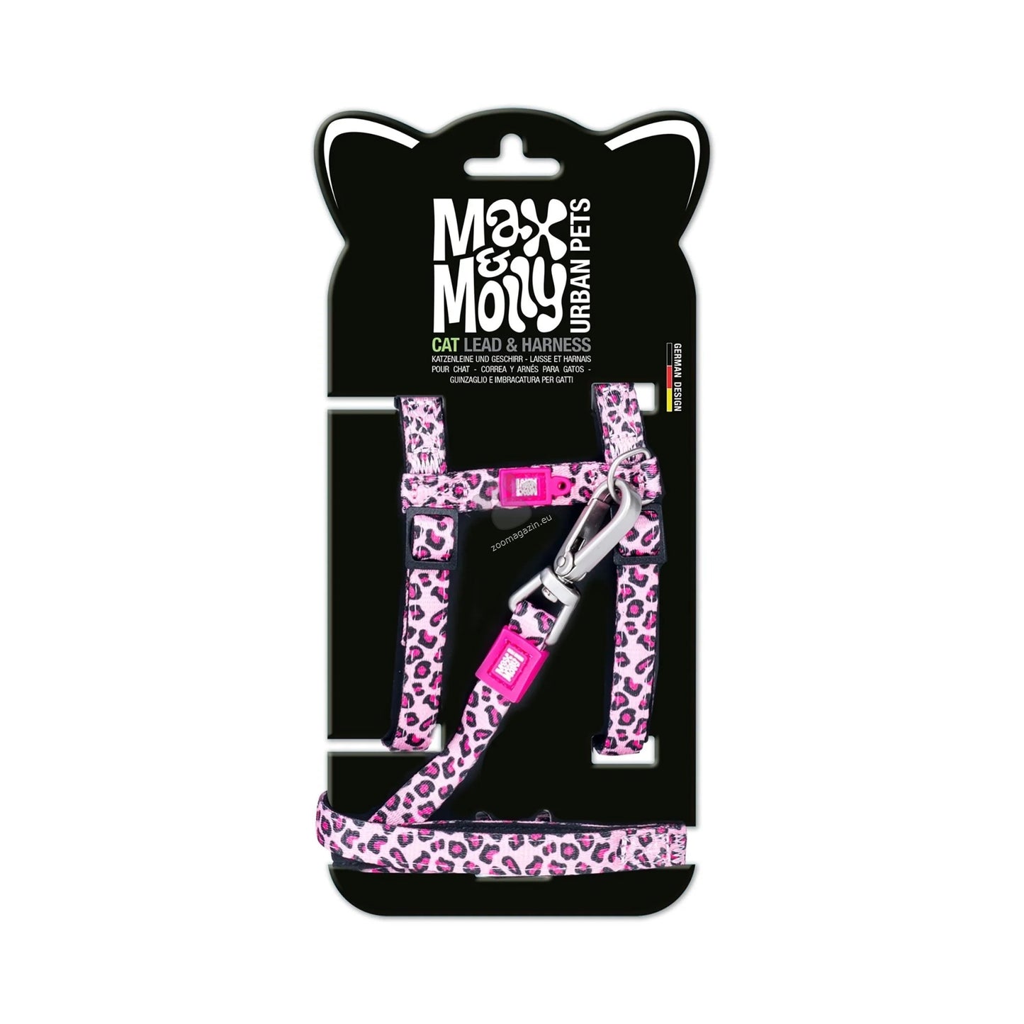 Max Molly Cat Harness / Leash Set Leopard Pink 1 Size - нагръдник с повод за котка с обиколка на врата 21,5-33 см и обиколка на тялото 27-44 см