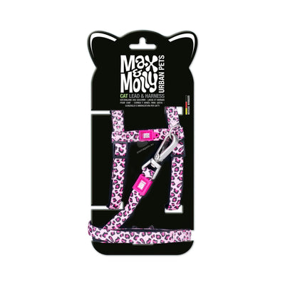 Max Molly Cat Harness / Leash Set Leopard Pink 1 Size - нагръдник с повод за котка с обиколка на врата 21,5-33 см и обиколка на тялото 27-44 см