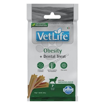 Vet Life Dog Dental Treat Obesity Medium and Maxi - нискокалорични лакомства за кучета от средни и едри породи, с холин, L-карнитин и спирулина за контрол на теглото 100 гр