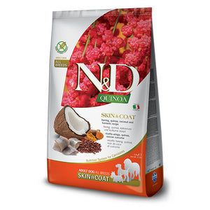 N&D Quinoa Skin & Coat Herring, Coconut – пълноценна храна с киноа за кучета в зряла възраст , за всички породи при чувствителен стомах, здрава кожа и козина с херинга, кокос и куркума