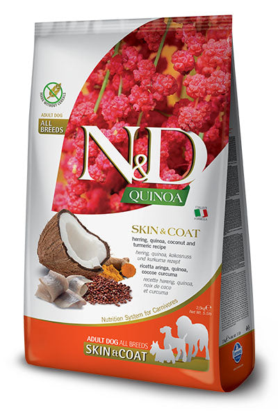 N&D Quinoa Skin & Coat Herring, Coconut – пълноценна храна с киноа за кучета в зряла възраст , за всички породи при чувствителен стомах, здрава кожа и козина с херинга, кокос и куркума