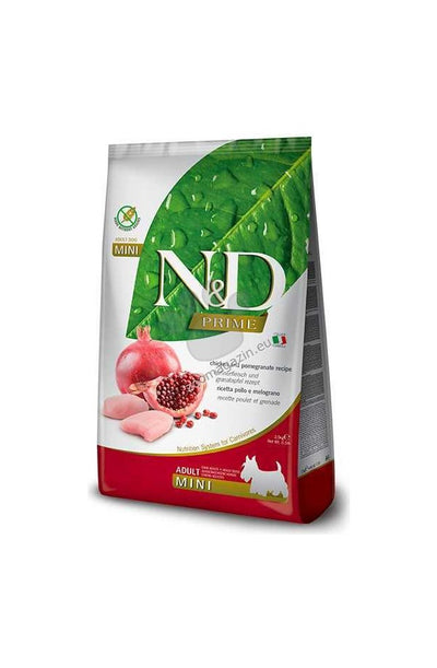N&D Prime Chicken & Pomegranate Adult Mini – суха храна без зърнени култури за кучета в зряла възраст от дребни породи, с пилешко и нар