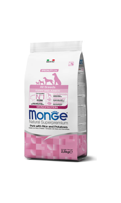 Monge All Breeds Puppy and Junior Monoprotein Pork with Rice and Potatoes - пълноценна суха храна за кученца от всички породи със свинско, ориз и картофи 2,5 кг