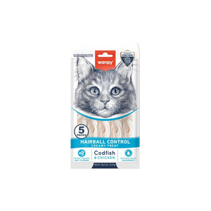 Wanpy Cat Hairball Control - кремообразно лакомство за котки с риба треска и пилешко, срещу топки косми 5 х 14 гр