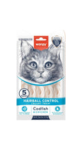 Wanpy Cat Hairball Control - кремообразно лакомство за котки с риба треска и пилешко, срещу топки косми 5 х 14 гр