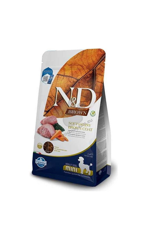 N&D Brown Dog Lamb, Spirulina and Carrot Mini Adult - пълноценна храна за кафяви кучета от дребни породи с агнешко, морков и спирулина 2 кг