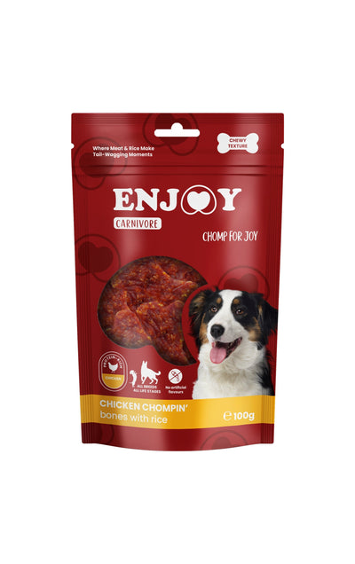 РАЗПРОДАЖБА Enjoy Carnivore Chicken Chompin Bones with Rice - лакомство за куче с пилешко месо и ориз 100 гр