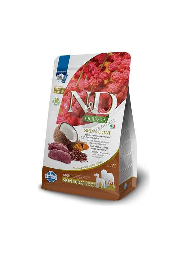 N&D Quinoa Skin and Coat with Venison Adult Medium and Maxi Dog – суха храна за кучета от средни и едри породи, с еленско месо 2,5 кг