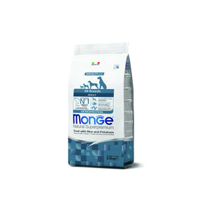 Monge All Breeds Adult Monoprotein Trout with Rice and Potatoes - пълноценна суха храна за кучета от всички породи с пъстърва, ориз и картофи 2,5 кг