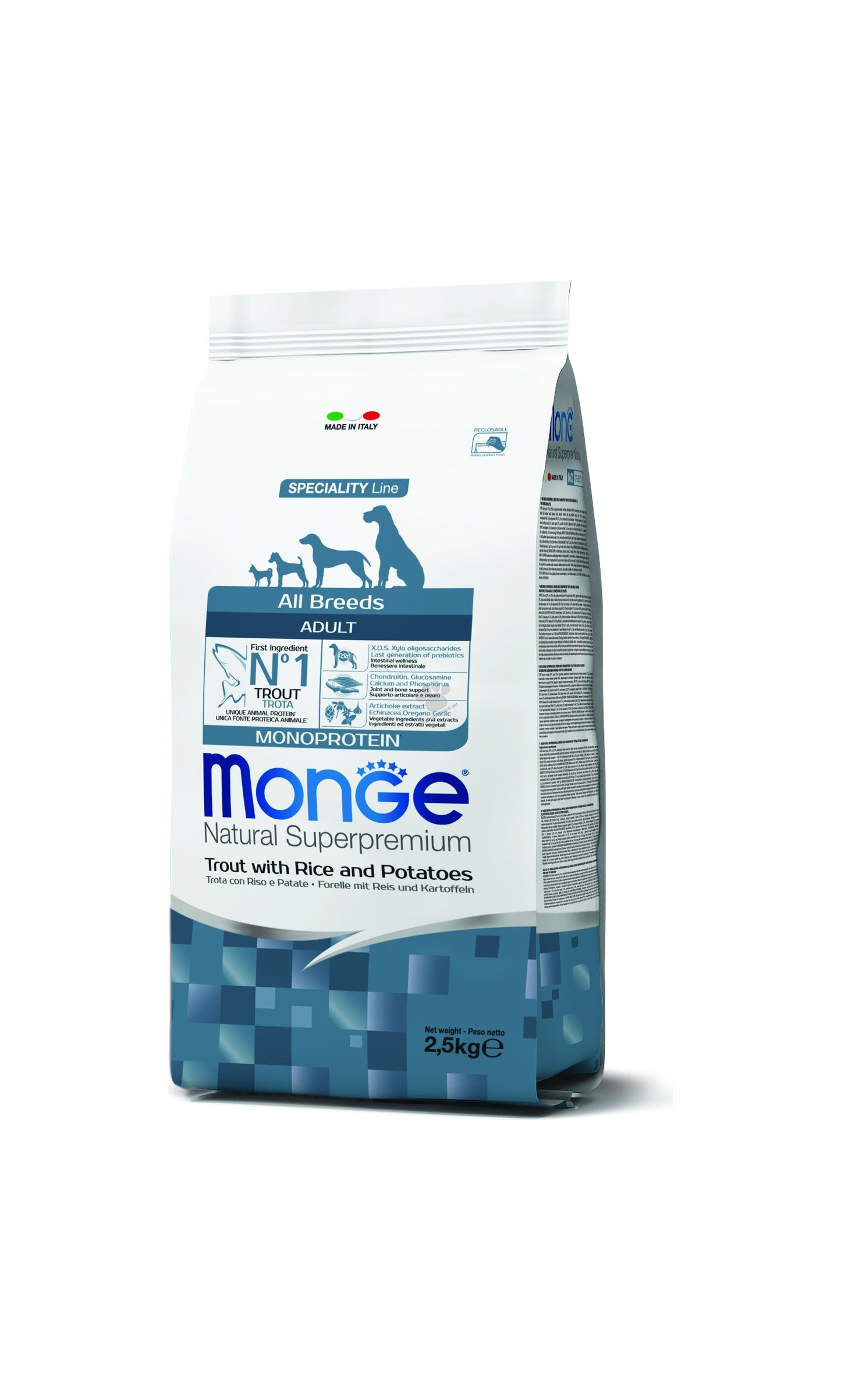 Monge All Breeds Adult Monoprotein Trout with Rice and Potatoes - пълноценна суха храна за кучета от всички породи с пъстърва, ориз и картофи 2,5 кг