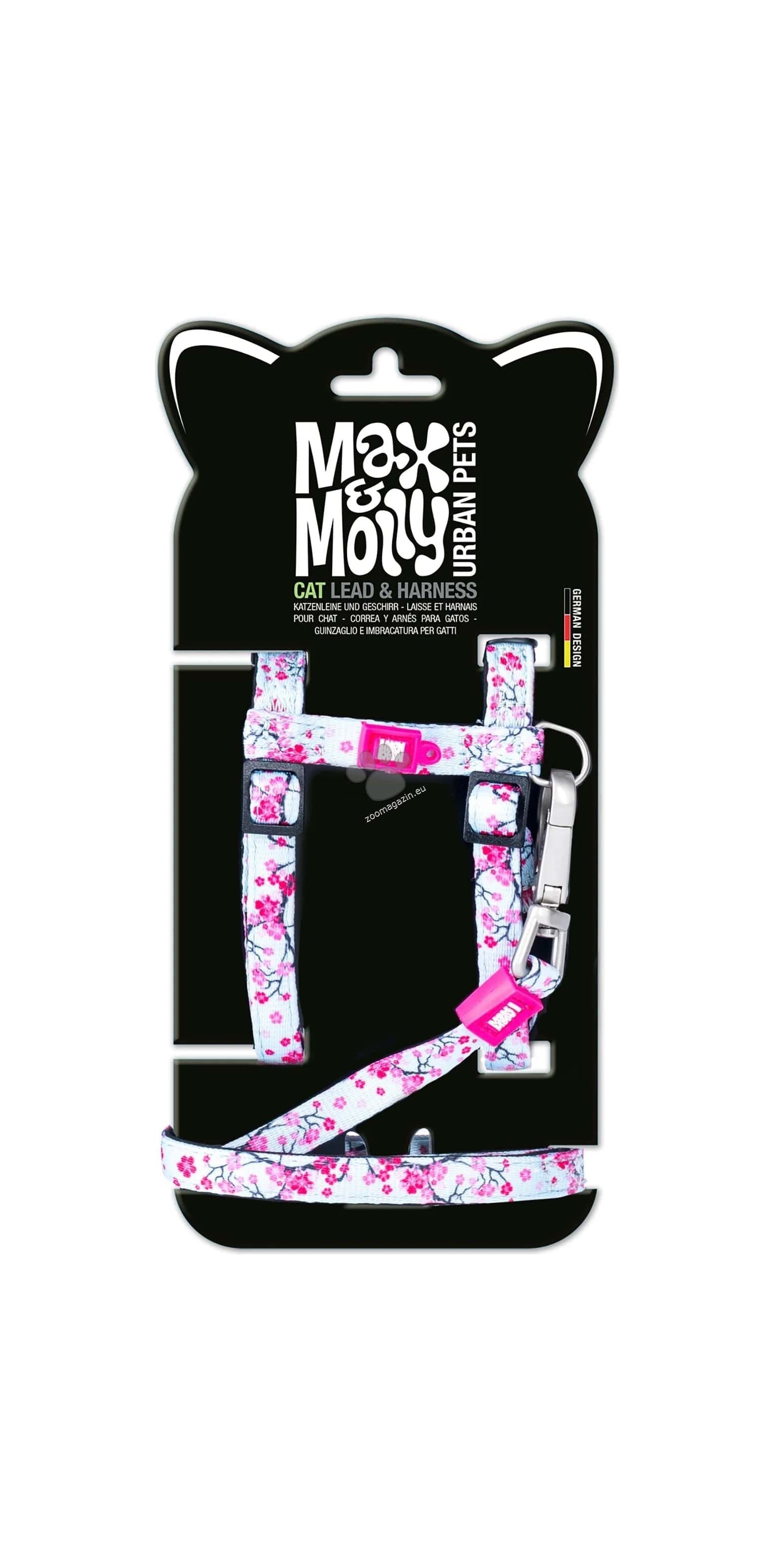 Max Molly Cat Harness / Leash Set Cherry Bloom 1 Size - нагръдник с повод за котка с обиколка на врата 21,5-33 см и обиколка на тялото 27-44 см