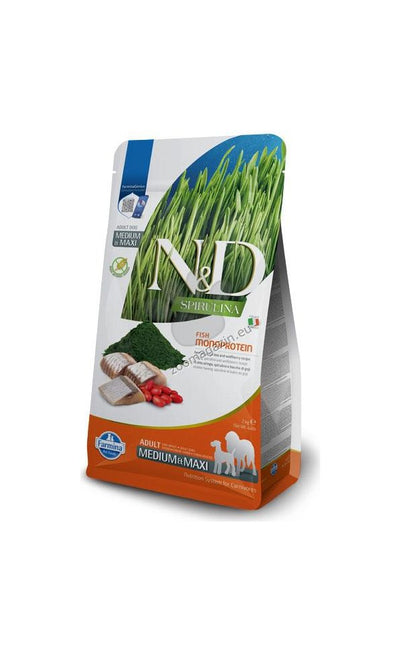 N&D SPIRULINA DOG HERRING & WOLFBERRY ADULT MEDIUM & MAXI - пълноценна храна със спирулина за кучета над 1г. от средните и едри породи, с херинга и годжи бери 7кг