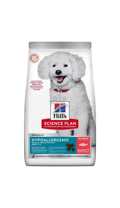 Hills Science Plan Canine Hypoallergenic Small & Mini Adult – хипоалергенна суха храна за кучета от дребни и мини породи от 1 до 6 години със сьомга 5+1кг.