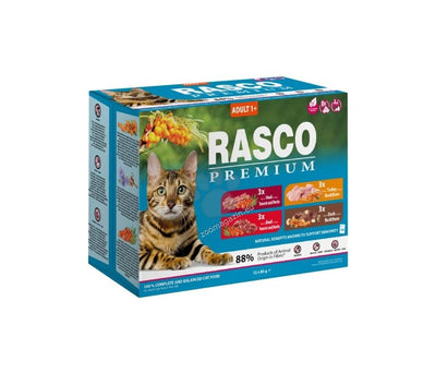 Rasco Premium Adult Multipack - паучове за котка с телешко, говеждо, патешко и пилешко 12 х 85 гр.