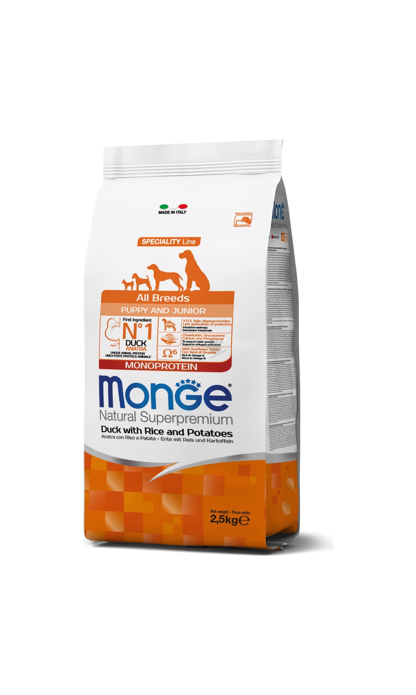 Monge All Breeds Puppy and Junior Monoprotein Duck with Rice and Potatoes - пълноценна суха храна за кученца от всички породи с патешко, ориз и картофи 2,5 кг