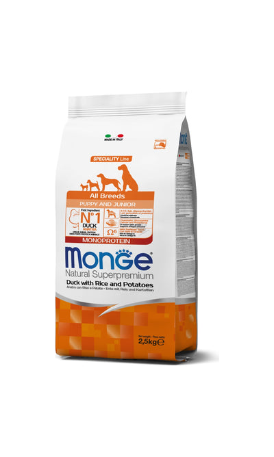 Monge All Breeds Puppy and Junior Monoprotein Duck with Rice and Potatoes - пълноценна суха храна за кученца от всички породи с патешко, ориз и картофи 2,5 кг