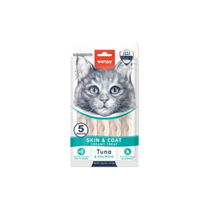Wanpy Cat Skin and Coat - кремообразно лакомство за котки с риба тон и сьомга, за лъскава козина 5х14 гр