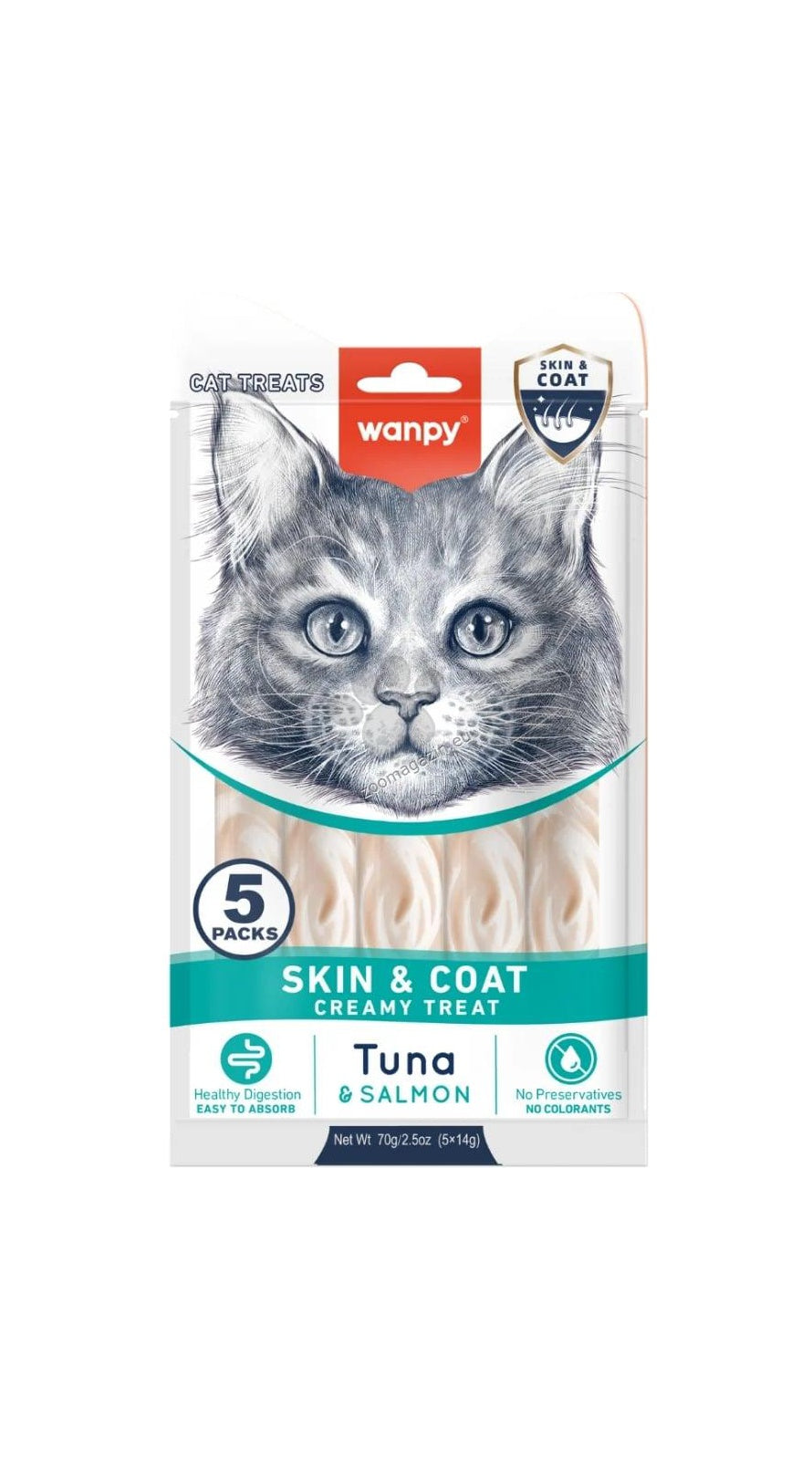 Wanpy Cat Skin and Coat - кремообразно лакомство за котки с риба тон и сьомга, за лъскава козина 5х14 гр