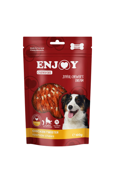 Enjoy Carnivore Chicken Twister Rawhide Chews - лакомство за куче от пресована кожа и пилешко месо 100 гр