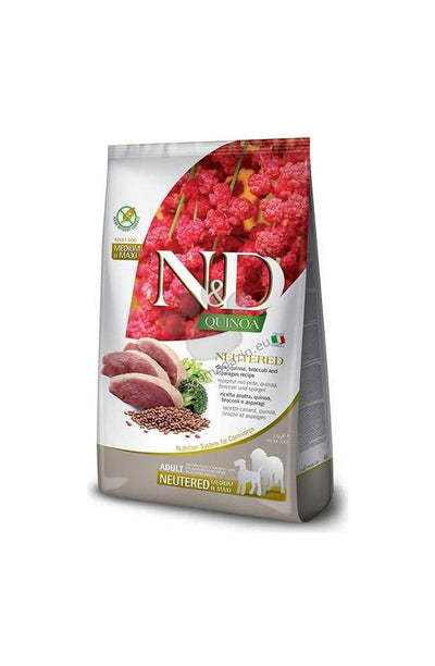 N&D Quinoa Neutered Dog Adult Medium and Maxi with Duck, Broccoli and Aspragus – суха храна за кастрирани кучета от средни и едри породи с патешко, броколи и аспержи 12 кг