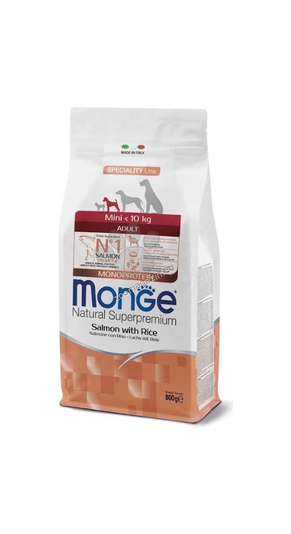 Monge Mini Adult Monoprotein Salmon with Rice - пълноценна суха храна за кучета в зряла възраст от малки породи със сьомга и ориз 800 гр