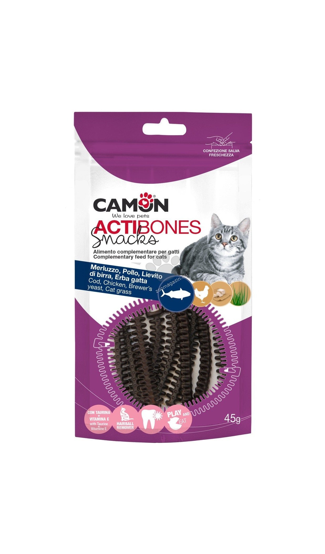 Camon Actibones with Cod and Chicken - дентално лакомство за котка с риба треска и пилешко 45 гр