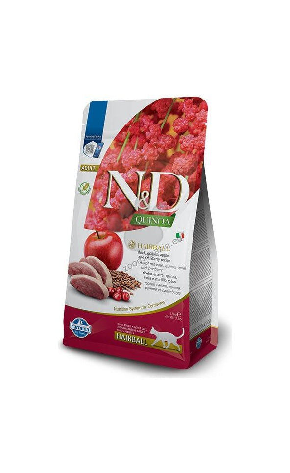 N&D QUINOA CAT HAIRBALL ADULT 300gr. – пълноценна храна с киноа за котки над 1г. срещу образуването на космени топки, с патешко и червени боровинки 0.300кг