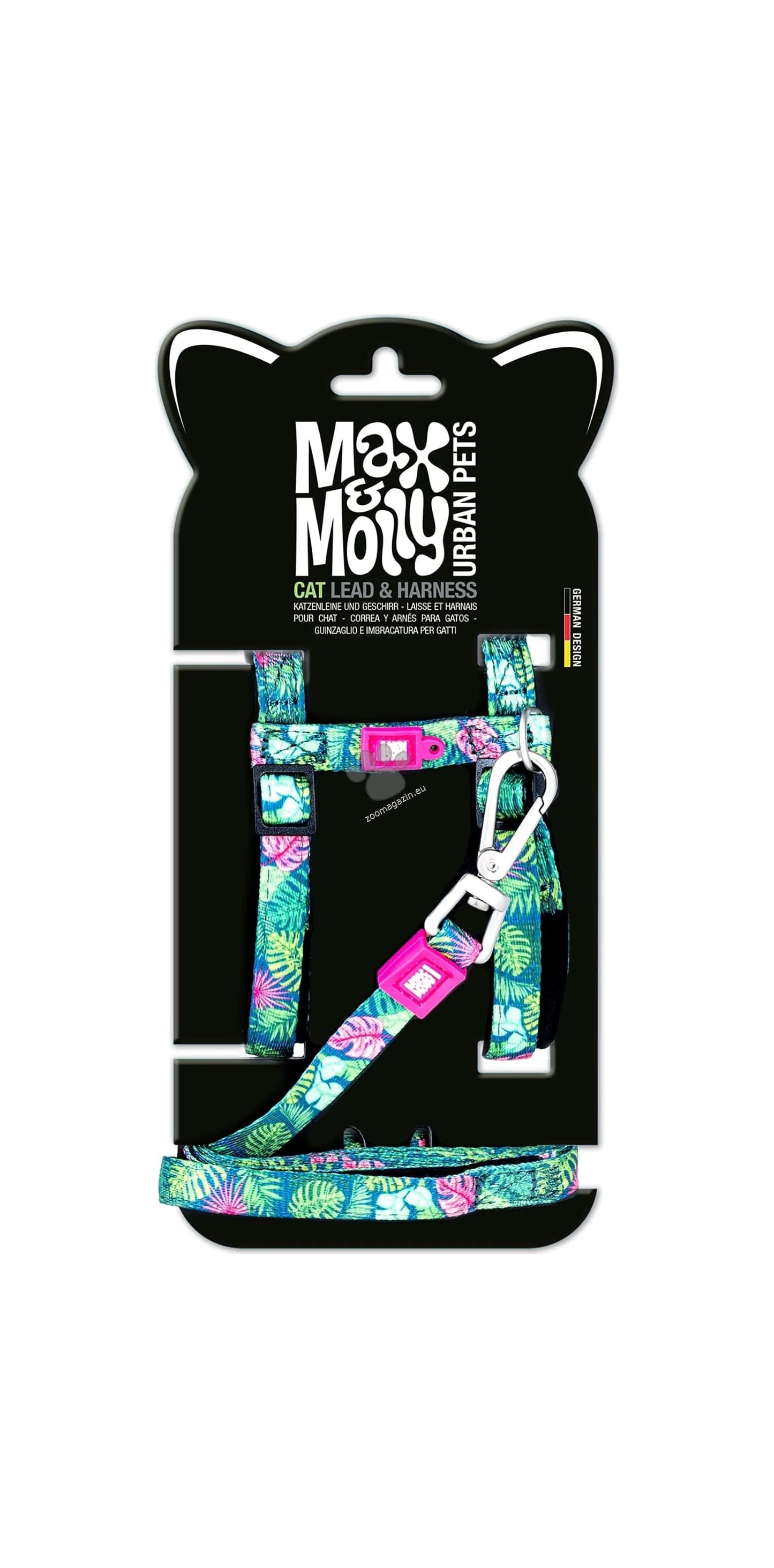 Max Molly Cat Harness / Leash Set Tropical 1 Size - нагръдник с повод за котка с обиколка на врата 21,5-33 см и обиколка на тялото 27-44 см
