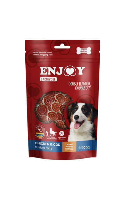 РАЗПРОДАЖБА Enjoy Carnivore Chicken and Cod Fusion Rolls - лакомство за куче с пилешко месо и треска 100 гр