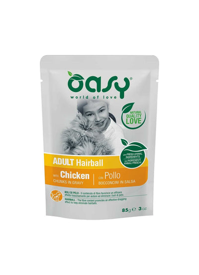 Oasy Chunks in Gravy Hairball Chicken - пауч за възрастни котки против топки косми с пилешко месо 85 гр.
