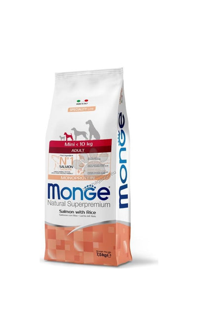 Monge Mini Adult Monoprotein Salmon with Rice - пълноценна суха храна за кучета в зряла възраст от малки породи със сьомга и ориз 7,5 кг