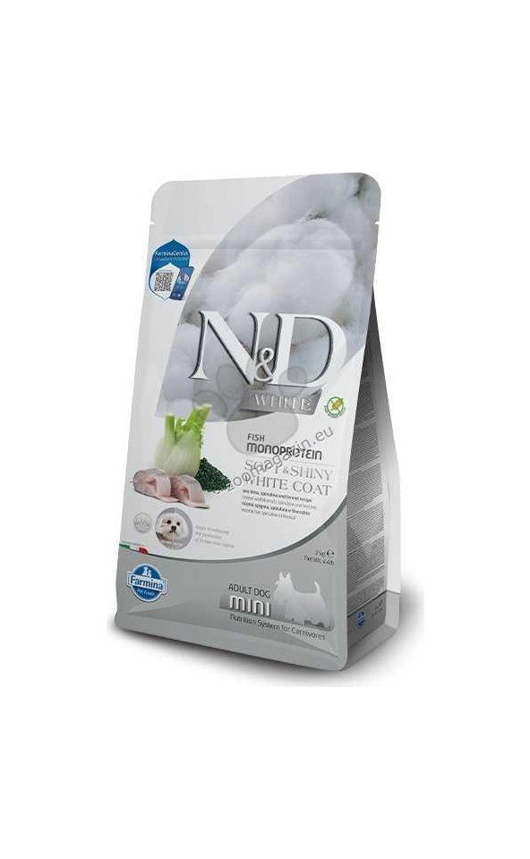 N&D White Dog Sea Bass, Spirulina and Fennel Adult Mini – монопротеинова суха храна за кучета с бяла козина от мини породи с лаврак, спирулина и фенел 2 кг