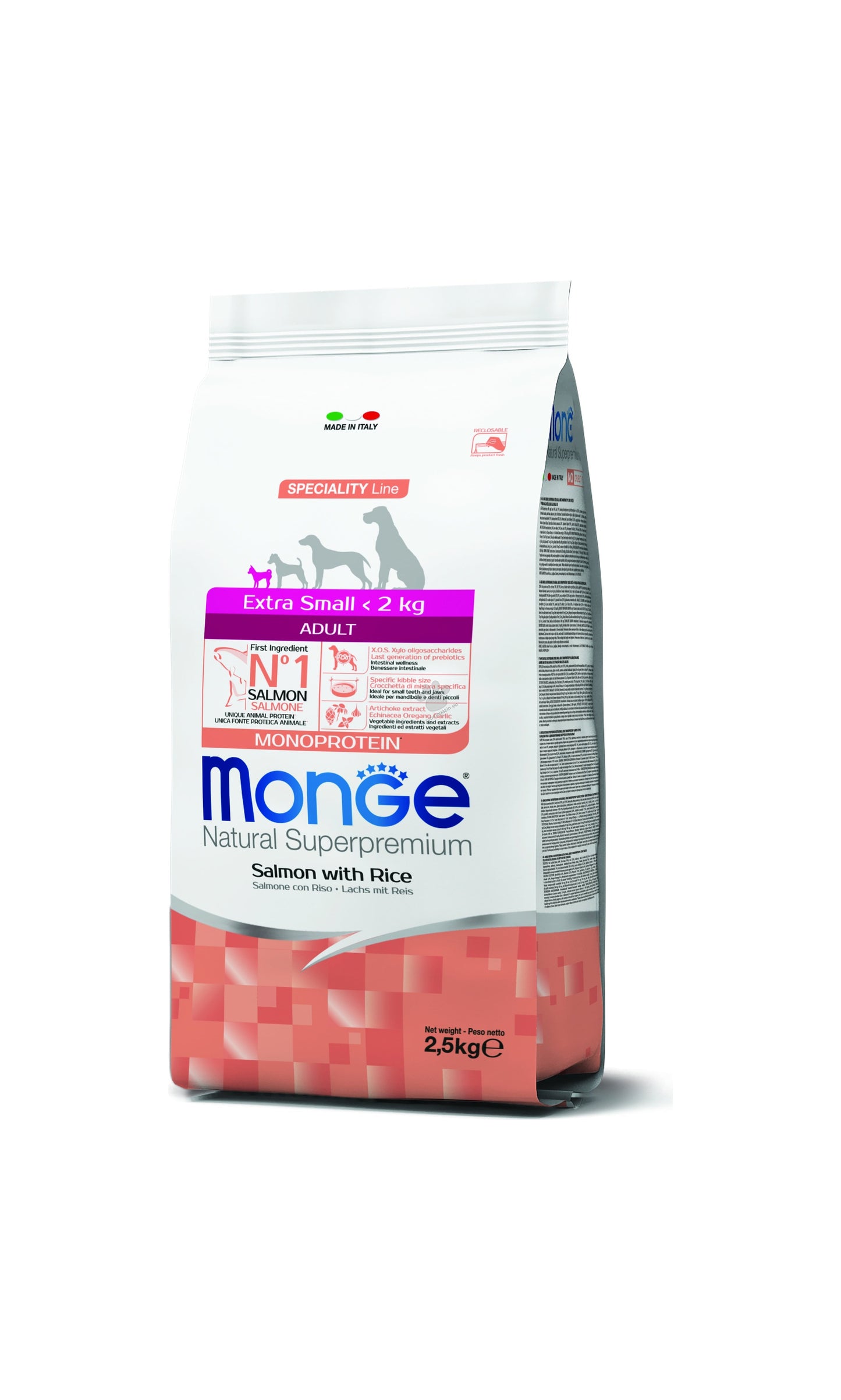 Monge Extra Small Adult Monoprotein Salmon with Rice - пълноценна суха храна за кучета от мини породи със сьомга и ориз 2,5 кг